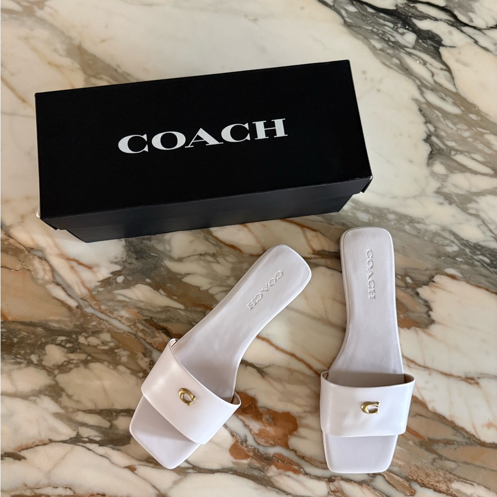 NIB Coach Women's Sculpt C Logo White Leather Slide Flat Sandal | Size 9.5
